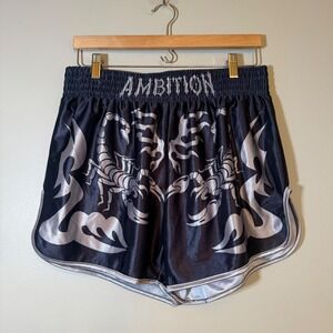 ROMWE Ambition Scorpion Tribal Graphic Satin Shorts Black Silver Mens Large